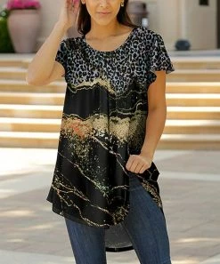 Lily | Black & Gold Leopard Marbled Pleated Ruffle-Sleeve Tunic - Women