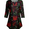 Lily | Red & Green Poinsettia Pleated Three-Quarter Sleeve Notch Neck Tunic - Women