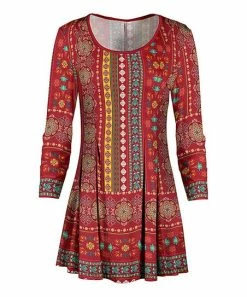 Lily | Red Multicolor Geometric Three-Quarter Sleeve Boatneck Tunic - Plus