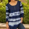 Lily | Navy & White Tie Dye Stripe Pleated Button-Detail Three-Quarter Sleeve Tunic - Women