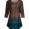 Lily | Rust Multicolor Plaid Mandala Pleated Three-Quarter Sleeve Notch Neck Tunic - Women