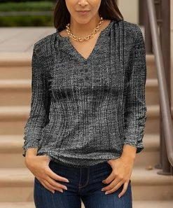 Lily | Light Gray Plaid Ruched-Sleeve Pleated Notch Neck Tunic - Women & Plus