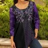 Lily | Purple & Black Floral Pleated Button-Detail Three-Quarter Sleeve Tunic - Women