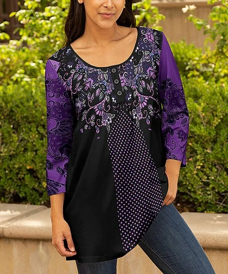 Lily | Purple & Black Floral Pleated Button-Detail Three-Quarter Sleeve Tunic - Women 1 Lily | Purple & Black Floral Pleated Button-Detail Three-Quarter Sleeve Tunic - Women