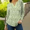 Lily | Green & White Teardrop Three-Quarter Sleeve Notch Neck Top - Women & Plus