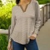 Lily | Brown & White Stripe Three-Quarter Sleeve Notch Neck Top - Plus