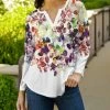 Lily | White & Purple Floral Three-Quarter Sleeve Notch Neck Top - Women & Plus