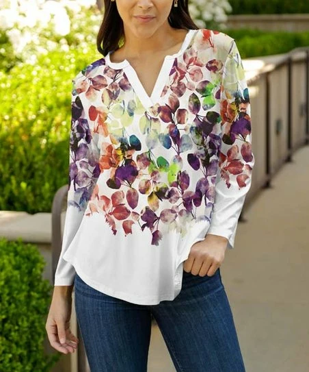 Lily | White & Purple Floral Three-Quarter Sleeve Notch Neck Top - Women & Plus 1 Lily | White & Purple Floral Three-Quarter Sleeve Notch Neck Top - Women & Plus