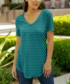 Lily | Teal & White Polka Dot Short-Sleeve V-Neck Tunic - Plus