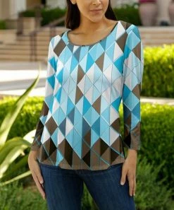 Lily | Aqua & Mocha Diamond Three-Quarter Sleeve Scoop Neck Top - Women & Plus