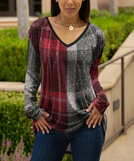 Lily | Gray & Red Abstract V-Neck Long-Sleeve Tunic - Plus 1 Lily | Gray & Red Abstract V-Neck Long-Sleeve Tunic - Plus