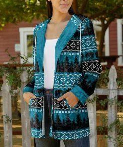 Lily | Teal & Black Fair Isle Pocket Open Hoodie - Women