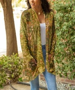 Lily | Goldtone & Yellow Abstract Floral-Accent Pocket Open Cardigan - Plus