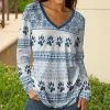 Lily | Navy & White Fair Isle Paw-Print Long-Sleeve V-Neck Top - Plus