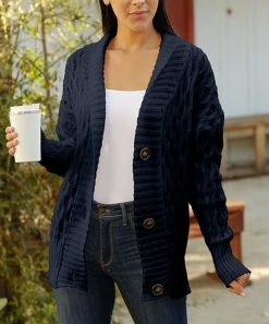 Lily | Dark Blue Cable-Knit Shawl-Collar Cardigan - Women