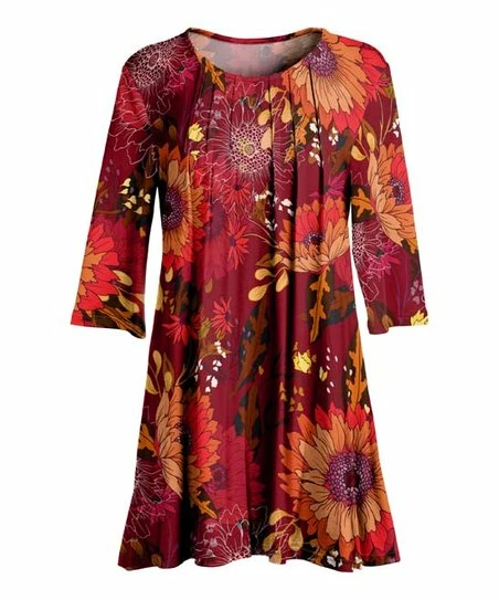 Lily | Red & Gold Floral Pleated Three-Quarter Sleeve Tunic - Plus 1 Lily | Red & Gold Floral Pleated Three-Quarter Sleeve Tunic - Plus