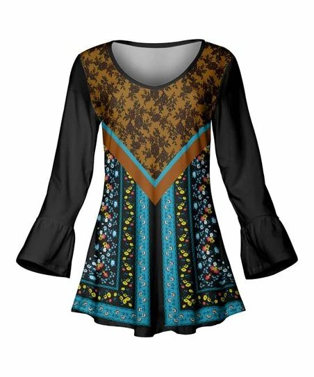Lily | Black & Blue Floral Pleated Bell-Sleeve Tunic - Women 1 Lily | Black & Blue Floral Pleated Bell-Sleeve Tunic - Women