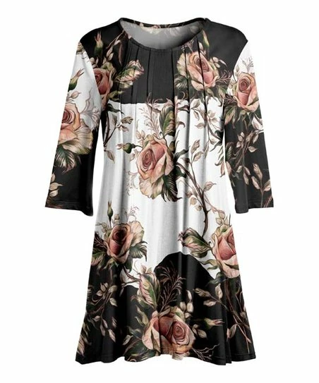 Lily | White & Black Floral Pleated Three-Quarter Sleeve Tunic - Plus 1 Lily | White & Black Floral Pleated Three-Quarter Sleeve Tunic - Plus
