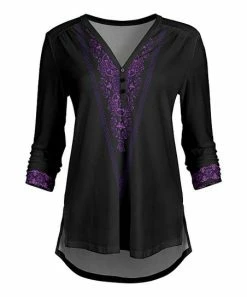 Lily | Black & Purple Floral Button-Front Hi-Low V-Neck Tunic - Women