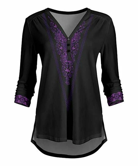 Lily | Black & Purple Floral Button-Front Hi-Low V-Neck Tunic - Women 1 Lily | Black & Purple Floral Button-Front Hi-Low V-Neck Tunic - Women