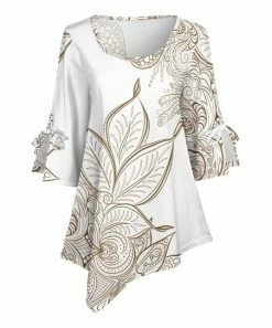 Lily | White & Gold Floral Slit-Tie Sleeve Asymmetrical-Hem Tunic - Women & Plus