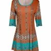 Lily | Orange & Turquoise Geometric Pleated Three-Quarter Sleeve Tunic - Plus