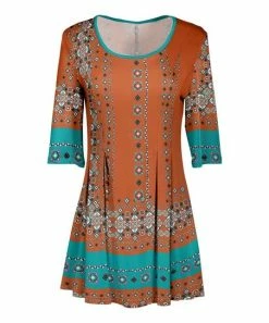 Lily | Orange & Turquoise Geometric Pleated Three-Quarter Sleeve Tunic - Plus