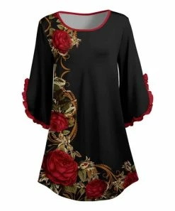 Lily | Black & Red Floral Ruffle-Sleeve Boatneck Tunic - Women & Plus
