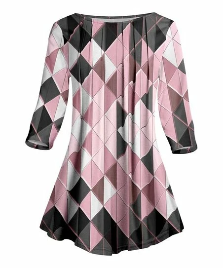 Lily | Gray & Pink Diamond Pleated Three-Quarter Sleeve Tunic - Women & Plus 1 Lily | Gray & Pink Diamond Pleated Three-Quarter Sleeve Tunic - Women & Plus