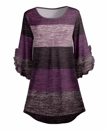 Lily | Purple & Lavender Color Block Ruffle-Sleeve Boatneck Tunic - Women & Plus 1 Lily | Purple & Lavender Color Block Ruffle-Sleeve Boatneck Tunic - Women & Plus