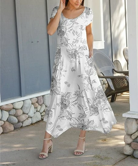 Lily | White & Gray Floral Cap-Sleeve Maxi Dress - Women 1 Lily | White & Gray Floral Cap-Sleeve Maxi Dress - Women