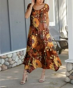 Lily | Brown & Yellow Floral Cap-Sleeve Maxi Dress - Women