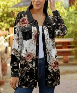 Lily | Black & White Floral Velvet Button-Snap Shacket - Plus