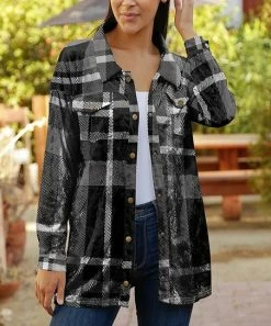 Lily | Black & Gray Plaid Velvet Button-Snap Shacket - Women