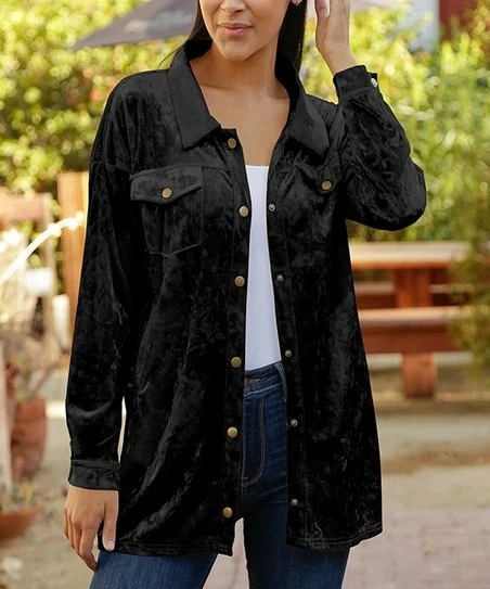 Lily | Black Velvet Button-Snap Shacket - Women & Plus 1 Lily | Black Velvet Button-Snap Shacket - Women & Plus