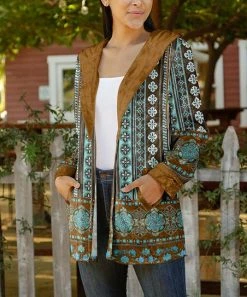 Lily | Aqua & Brown Geometric Velvet Hooded Open Cardigan - Women & Plus