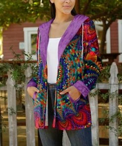 Lily | Red & Purple Kaleidoscope Velvet Hooded Open Cardigan - Women