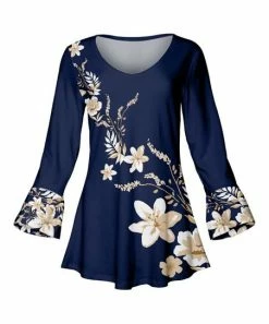 Lily | Navy & Beige Floral Pleated Bell-Sleeve Tunic - Plus