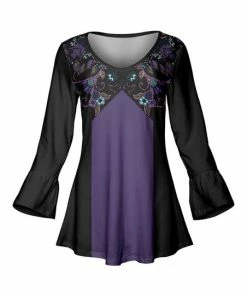 Lily | Black & Purple Floral Pleated Bell-Sleeve Tunic - Women