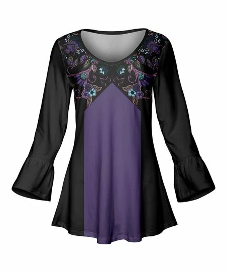 Lily | Black & Purple Floral Pleated Bell-Sleeve Tunic - Women 1 Lily | Black & Purple Floral Pleated Bell-Sleeve Tunic - Women