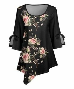 Lily | Black & Pink Floral Slit-Tie Sleeve Asymmetrical-Hem Tunic - Women & Plus