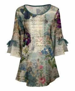 Lily | Beige & Teal Script Slit-Tie Sleeve Boatneck Tunic - Women & Plus