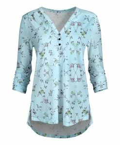 Lily | Aqua & Green Floral Button-Front Hi-Low V-Neck Tunic - Plus