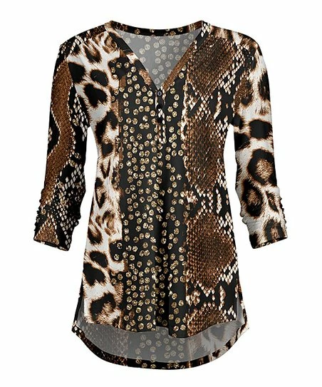 Lily | Brown & Black Animal-Print Button-Front Hi-Low V-Neck Tunic - Women & Plus 1 Lily | Brown & Black Animal-Print Button-Front Hi-Low V-Neck Tunic - Women & Plus