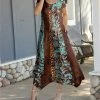 Lily | Brown & Turquoise Abstract Floral Cap-Sleeve Maxi Dress - Women