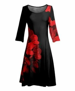 Lily | Black & Red Floral Long-Sleeve A-Line Dress - Women & Plus