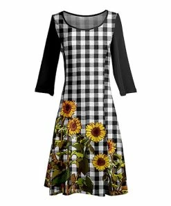 Lily | Black & Yellow Check Floral Long-Sleeve A-Line Dress - Plus