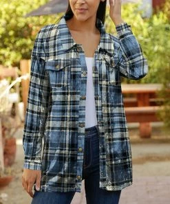 Lily | Blue & Cream Plaid Velvet Button-Snap Shacket - Plus