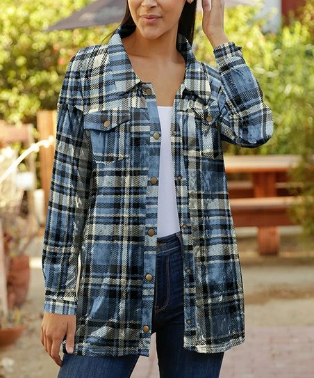 Lily | Blue & Cream Plaid Velvet Button-Snap Shacket - Plus 1 Lily | Blue & Cream Plaid Velvet Button-Snap Shacket - Plus