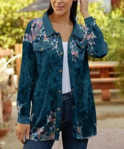 Lily | Blue & Pink Retro Floral Velvet Button-Snap Shacket - Women & Plus
